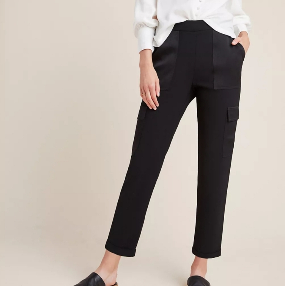 Anthropologie Maeve Delancey Satin-Trimmed Cargo Joggers - Black - Small ✨‎